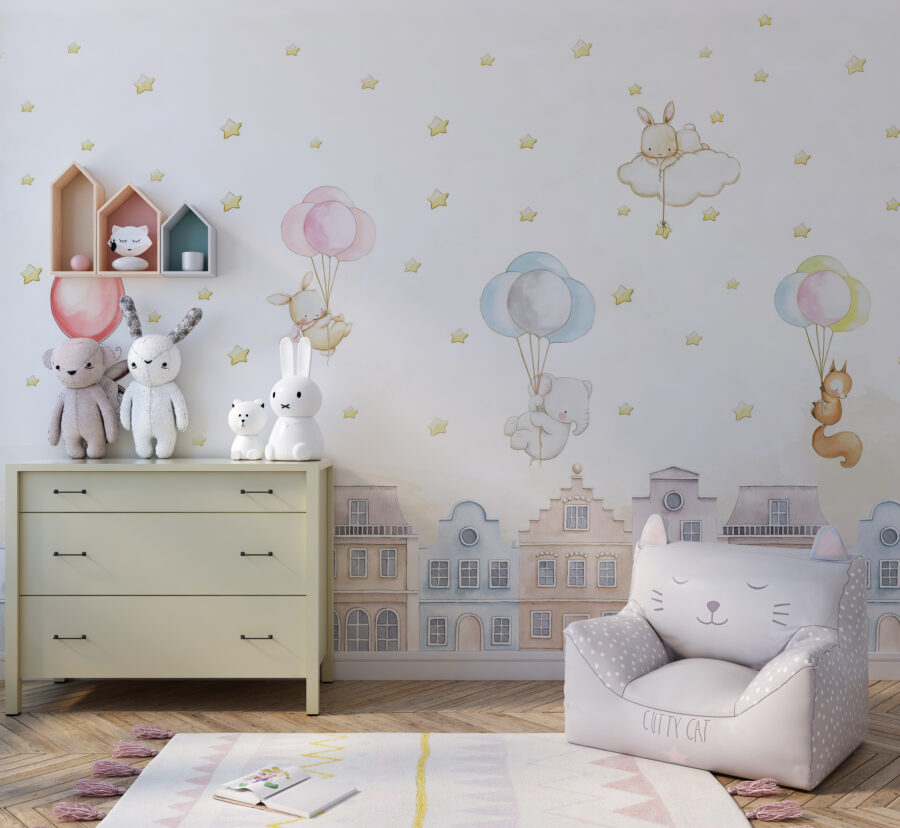 Fototapete Kinderzimmer in gedeckten Farben mit fröhlichen Tieren, die durch die Luft fliegen Regen aus Luftballons - Hauptproduktbild