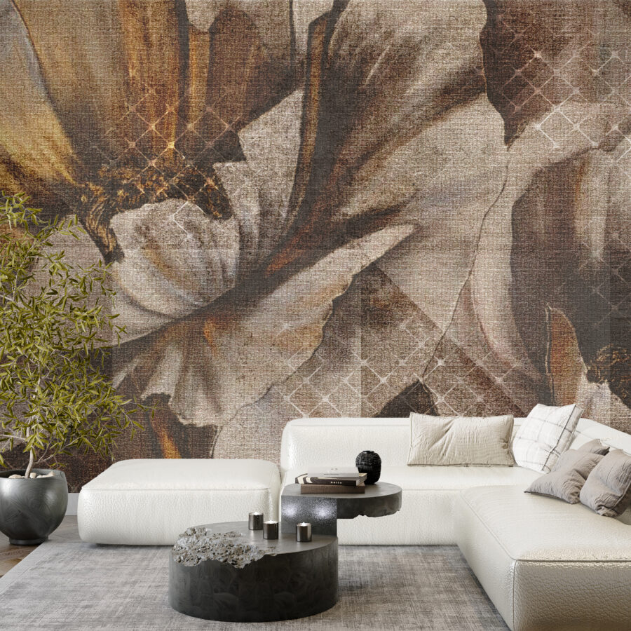Wandbild in Braun- und Grautönen mit goldenen Akzenten Große Blumen - Hauptproduktbild