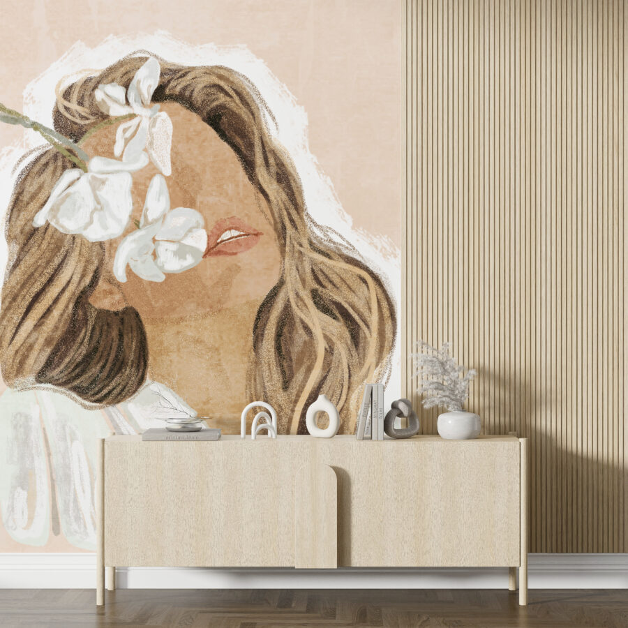 Abstraktes Porträt Wandbild in hellen Tönen Frau in Weiß - Hauptproduktbild
