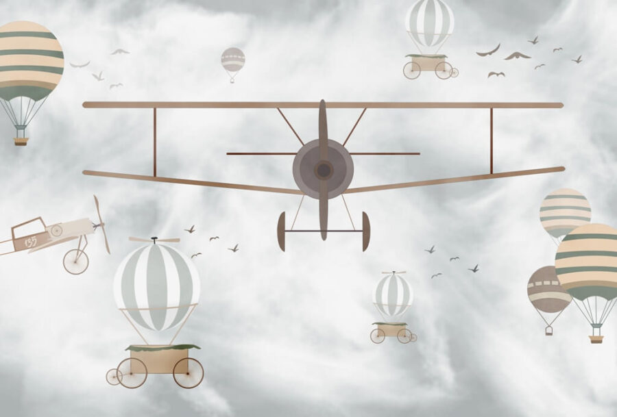 Wandgemälde eines alten Flugzeugs im Nebel Flug des Doppeldeckers - Foto Nummer 2
