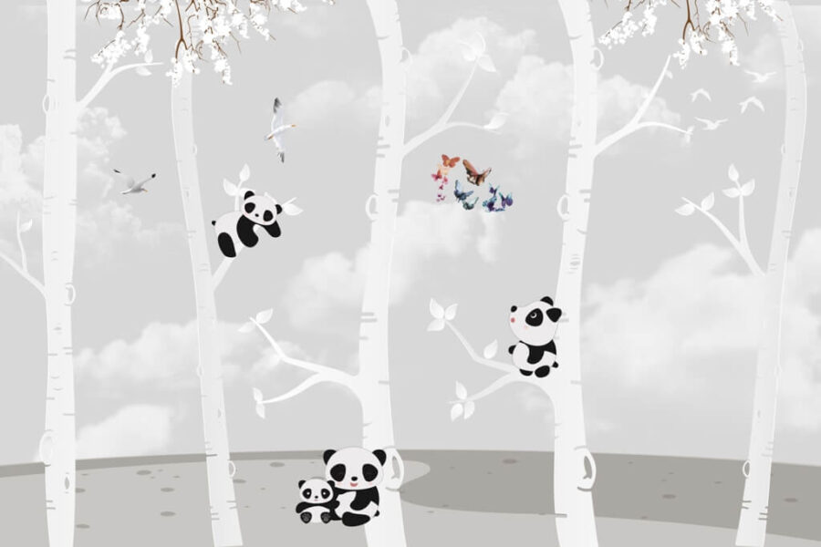 Fototapete in gedeckten Tönen für Kinderzimmer Pandas auf Bäumen - Bild Nummer 2