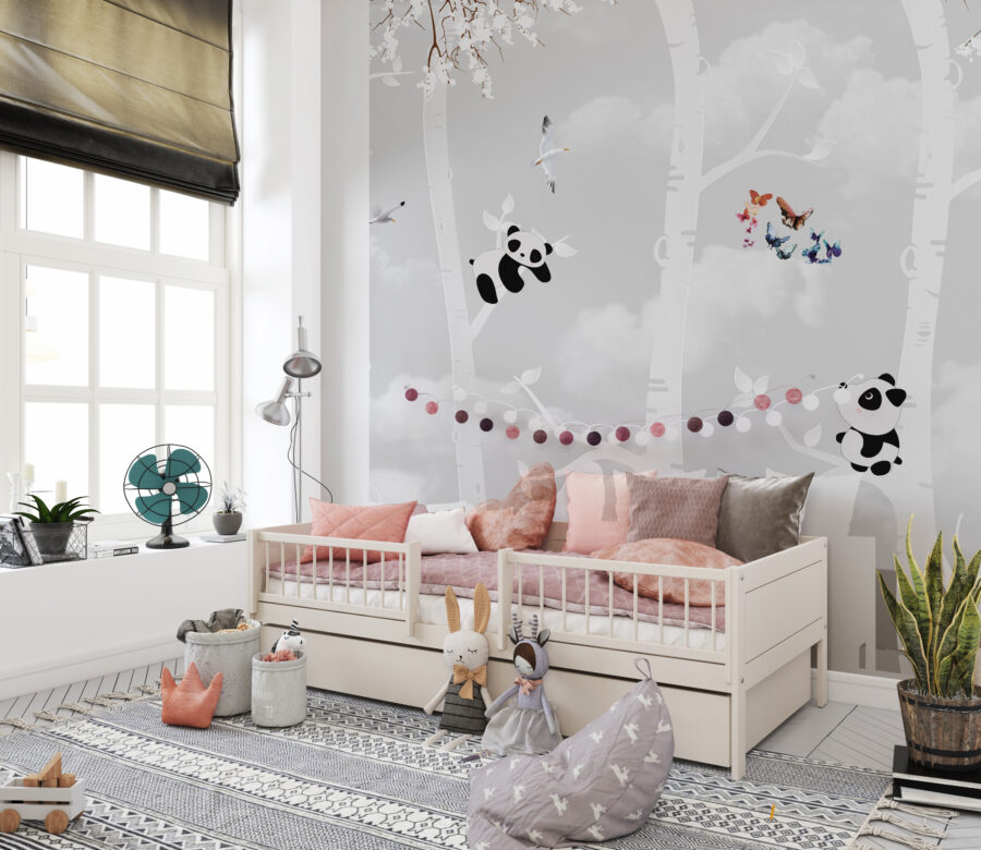 Fototapete in gedeckten Tönen für Kinderzimmer Pandas auf Bäumen - Hauptproduktbild