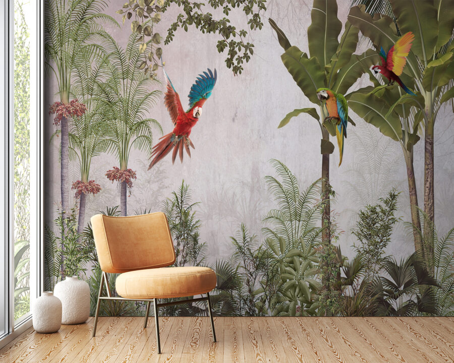 Fototapete mit exotischen Palmen und bunten Vögeln Papagei im Flug - Hauptproduktbild