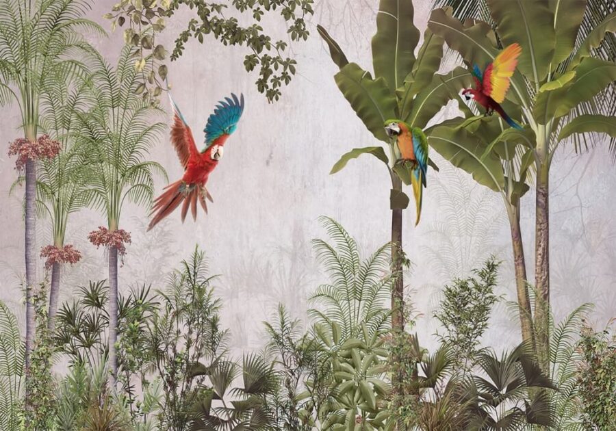 Fototapete mit exotischen Palmen und bunten Vögeln Papagei im Flug - Bild Nummer 2