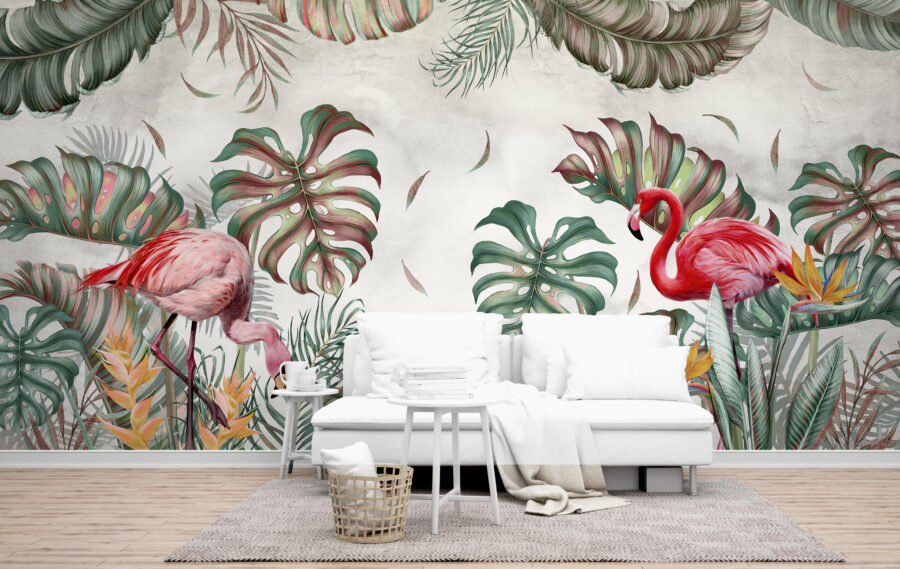 Fototapete mit tropischen Blättern und einem Paar exotischer Vögel Paar Flamingos - Hauptproduktbild