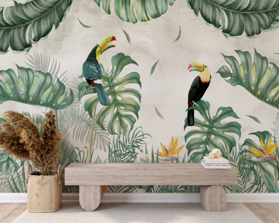 Fototapete mit exotischen Vögeln und großen Blättern Tukan-Paar - Hauptproduktbild