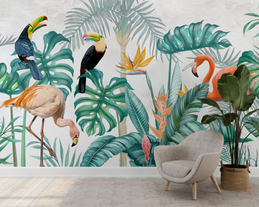 Fototapete mit exotischen Vögeln im Dschungel, farbenfrohe und moderne Visualisierung Jungle Birds - Hauptproduktbild