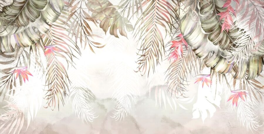 Fototapete mit tropischer Flora in gedeckten Tönen mit rosa Akzenten Pink Leaves - Bild Nummer 2