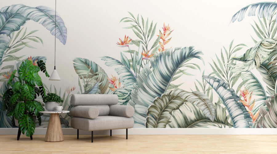 Fototapete mit exotischer Flora in sanften Farben auf hellem Hintergrund, ideal für moderne Räume Plant Graphics - Hauptproduktbild