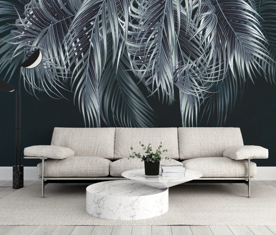 3D-Wandbild mit Palmenblattmotiv in Silber- und Schwarztönen Silver Palm - Hauptproduktbild