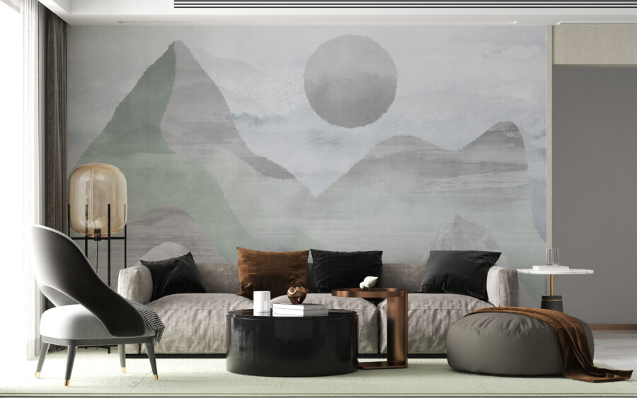 Fototapete in gedeckten Tönen mit Hochgebirgs- und Mondmotiv Graue Berge - Hauptproduktbild
