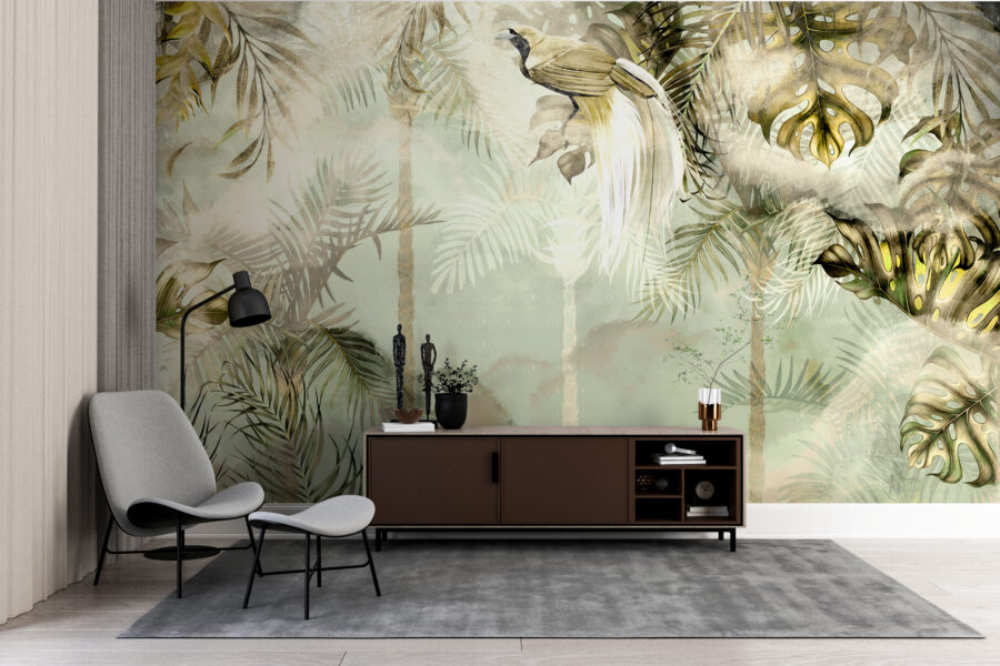 Fototapete mit exotischer Flora in goldenem Glanz ideal für Wohnzimmer Golden Jungle - Hauptproduktbild