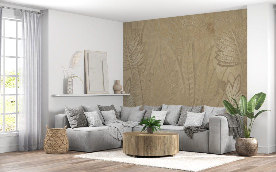 Fototapete in warmen Farben mit bewährtem exotischem Flora-Motiv für das Wohnzimmer Beige Tropical Leaves - Hauptproduktbild