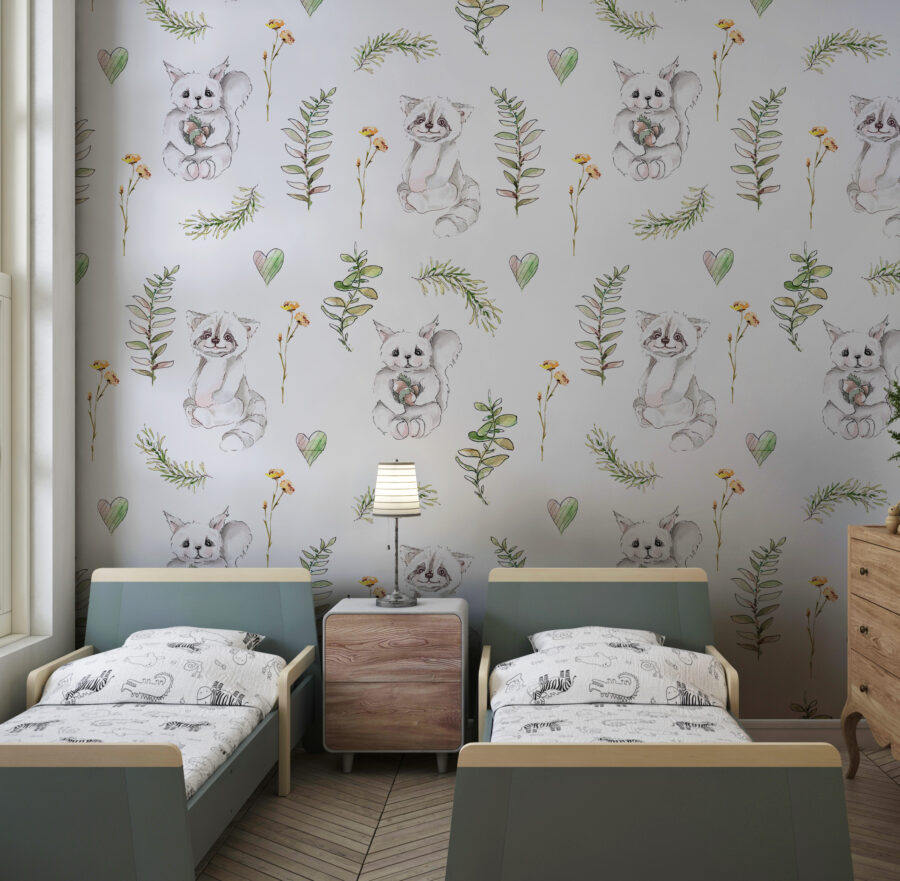 Zeichnung Fototapete mit Pflanzen-Tier-Motiv auf hellem Hintergrund ideal für Kinderzimmer sowie Schlafzimmer Weiße Tiere - Hauptproduktbild