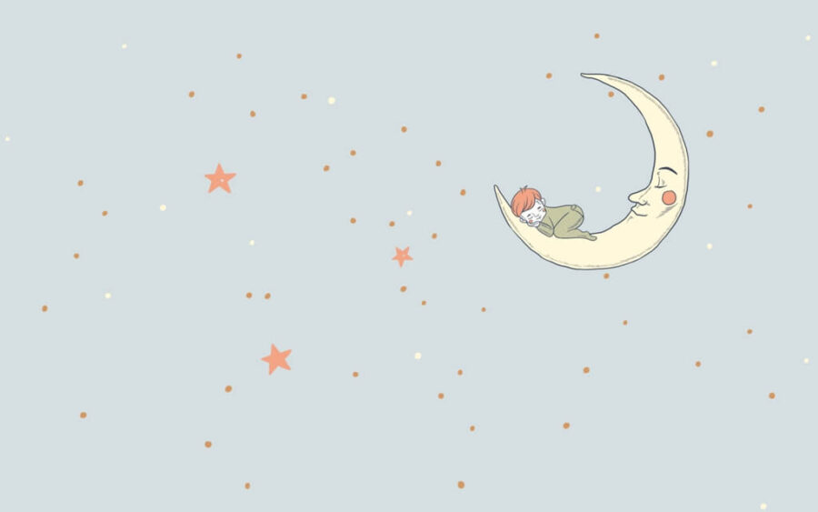 Fototapeta z motywem nieba idealna do pokoju małego chłopca w stonowanych kolorach Chłopiec Śpiący Na Księżycu - zdjęcie numer 2