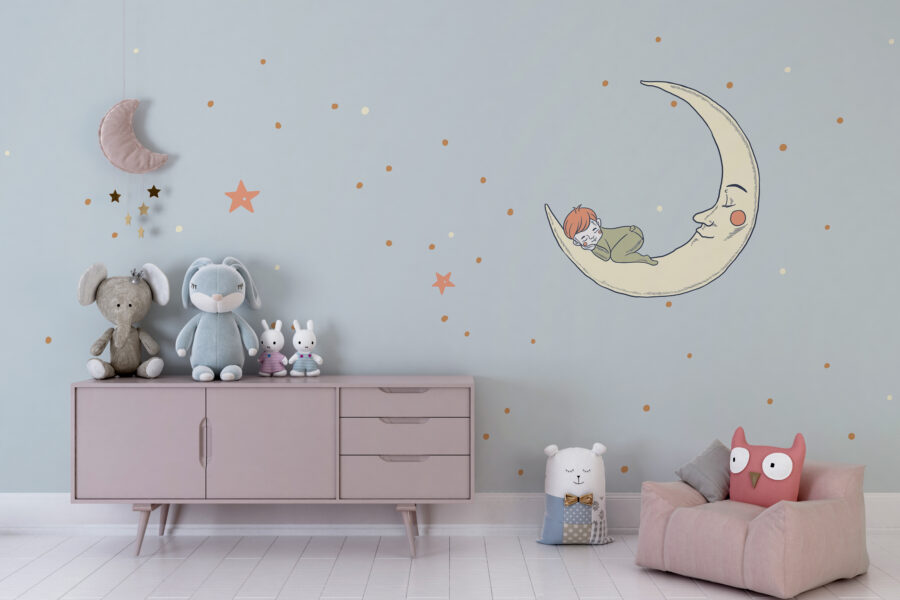 Fototapete mit Himmelsmotiv ideal für das Zimmer eines kleinen Jungen in gedeckten Farben Junge schläft auf dem Mond - Hauptproduktbild