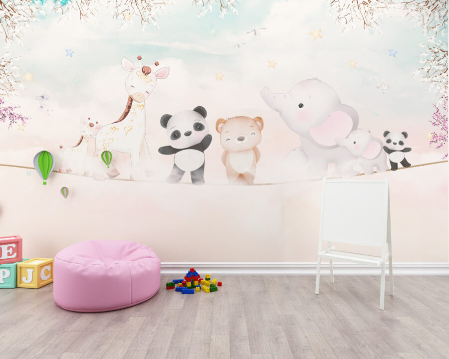 Kinderzimmertapete in fröhlichen Farben Four Animals - Hauptproduktbild