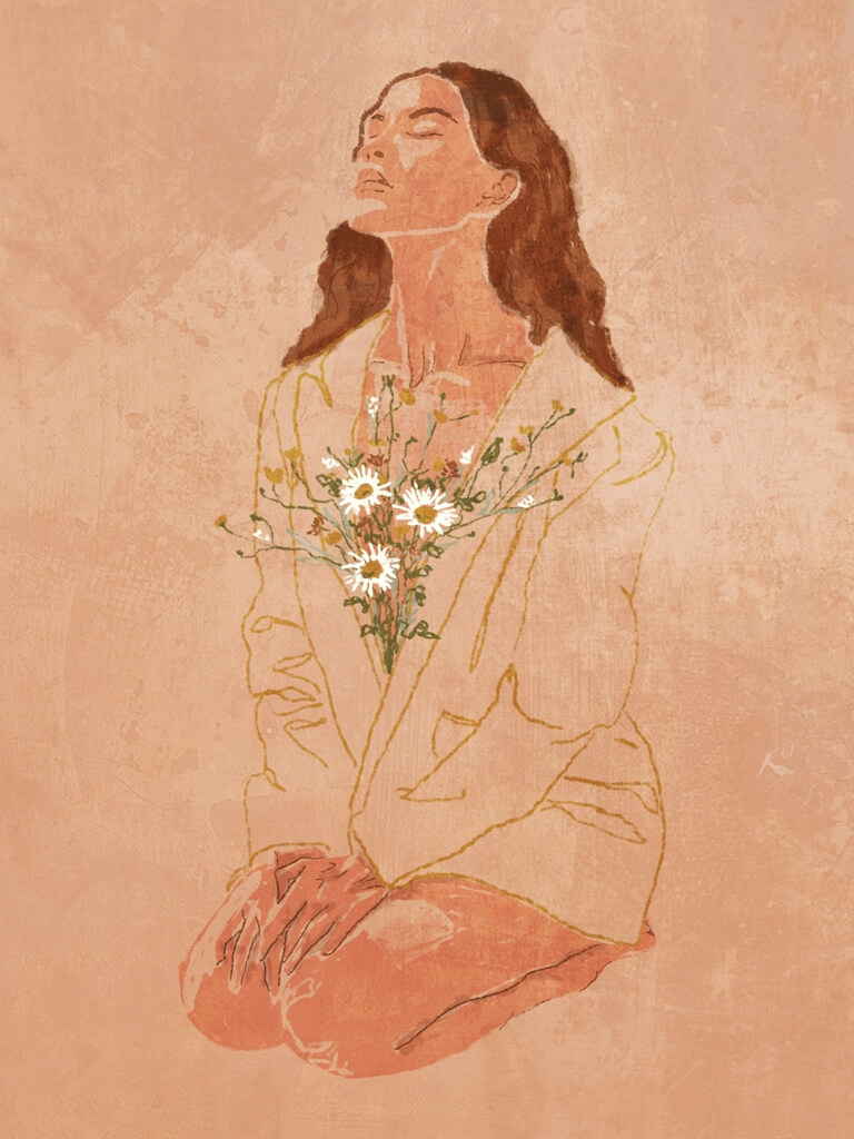Fototapete einer Frau in warmen Brauntönen Mädchen mit einem Blumenstrauß - Bild Nummer 2