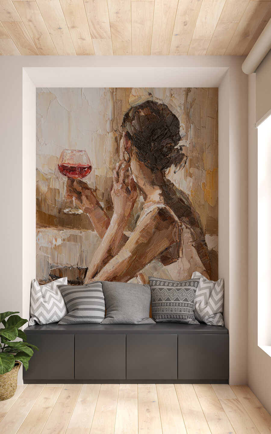 Klassische Stil Porträt Wandbild ideal für Wohnzimmer Mädchen mit Wein Lampe - Hauptprodukt Bild