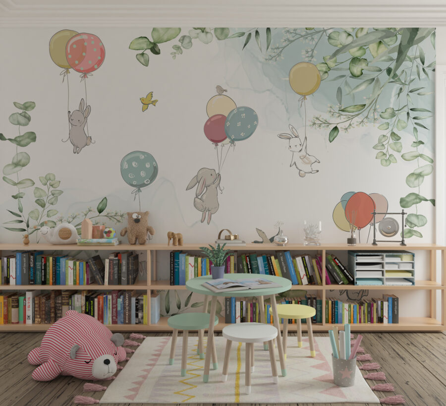 Fototapete in fröhlichen Farben ideal für Kinderzimmer Hasen und Luftballons - Hauptproduktbild