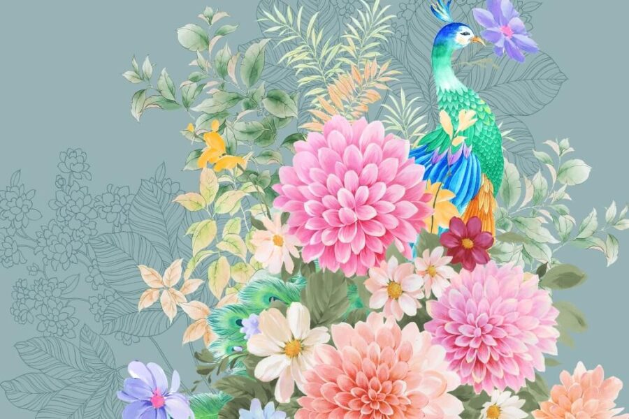 Fototapete in leuchtenden Farben mit klarem Blumenmotiv und elegantem Pfauenvogel in Blumen - Bild Nummer 2