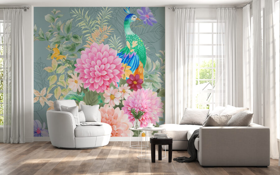 Fototapete in leuchtenden Farben mit klarem Blumenmotiv und elegantem Pfauenvogel in Blumen - Hauptproduktbild