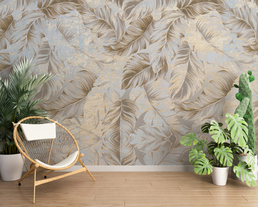 Fototapete mit einem klassischen Blattmotiv in Grau und Gold, eine elegante Dekoration für jedes Wohnzimmer Vergoldete Blätter - Hauptproduktbild