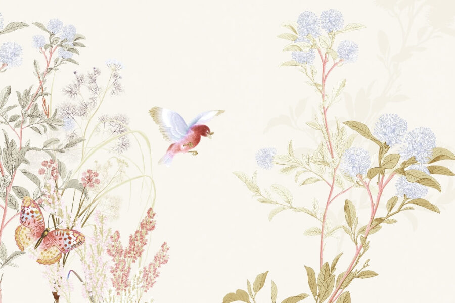 Fototapeta w jasnych kolorach z delikatnym motywem roślinnym Ptak i Motyl Wśród Kwiatów - zdjęcie numer 2