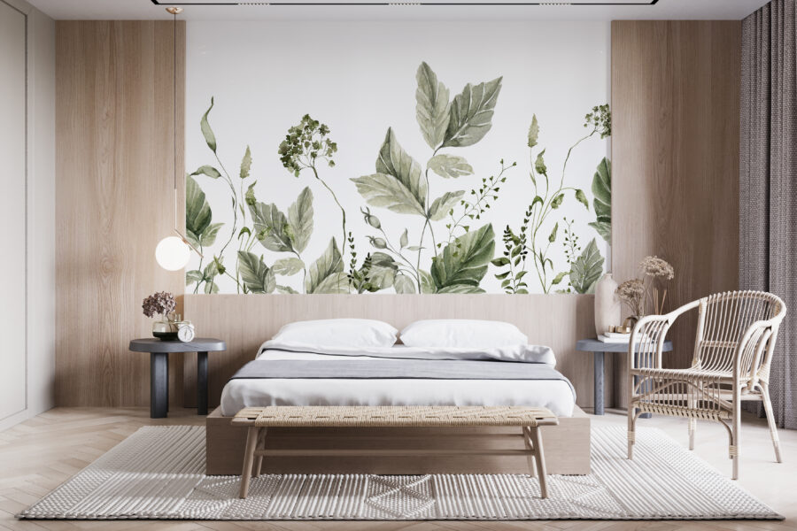 Fototapete mit zarten grünen Pflanzenmotiven auf hellem, festem Hintergrund Pflanzen auf weißem Hintergrund - Hauptproduktbild