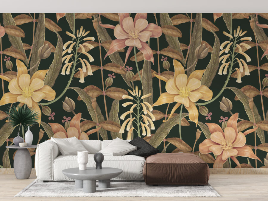 Fototapete mit Wildblumen auf einem dunklen Hintergrund im Boho-Stil Wand aus bunten Blumen - Hauptproduktbild