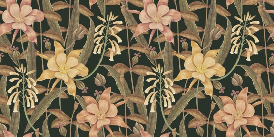 Fototapete mit Wildblumen auf dunklem Hintergrund im Boho-Stil Wand aus bunten Blumen - Bild Nummer 2