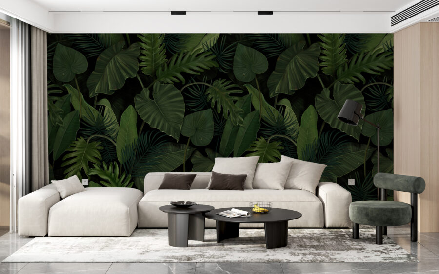Fototapete in dunklen und lebhaften Farben mit exotischen Pflanzen - die perfekte Ergänzung für ein modernes Wohnzimmer Green Leaves - Hauptproduktbild