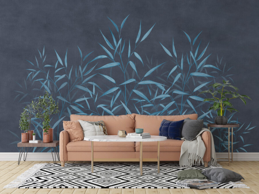 Fototapete in dunklen Blautönen mit zartem Blumenmotiv, ausdrucksstark und elegant Blue Leaves - Hauptproduktbild