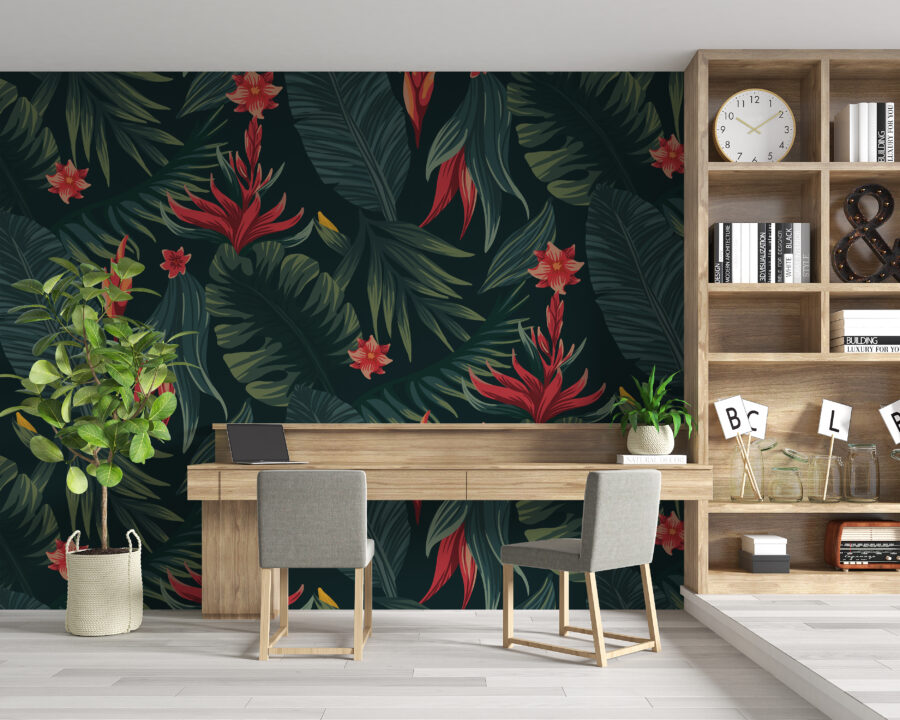 Wandbild mit tropischen Blumen vor einem Hintergrund aus dunkelgrünen roten Blumen - Hauptproduktbild