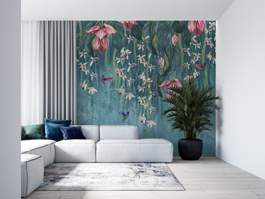Fototapete in Blau mit zartrosa Kolibris und Blumen - Hauptproduktbild