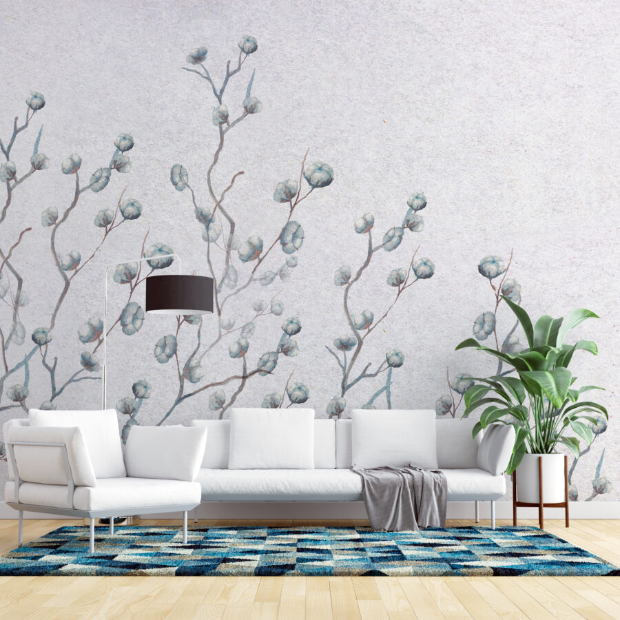 Wandbild mit zartem Baumwollblumenmotiv in Blautönen Cotton Flowers - Hauptproduktbild