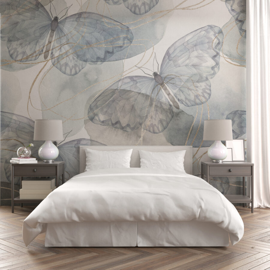 Fototapete im Boho-Stil mit zartem Motiv ideal für Schlafzimmer Blaue Schmetterlinge - Hauptproduktbild