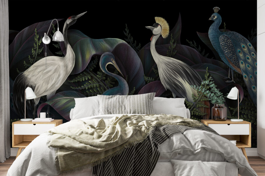 Fototapete in dunklen Tönen mit exotischen Tieren Dignified Birds - Hauptproduktbild