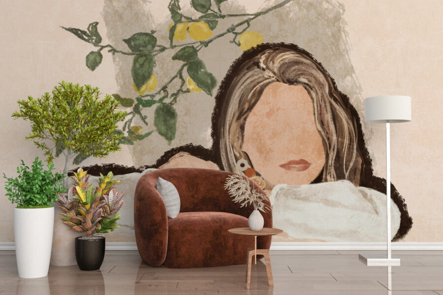 Fototapete, die ein Wandgemälde in einer leicht abstrakten Form nachahmt Mädchen ohne Augen - Hauptproduktbild