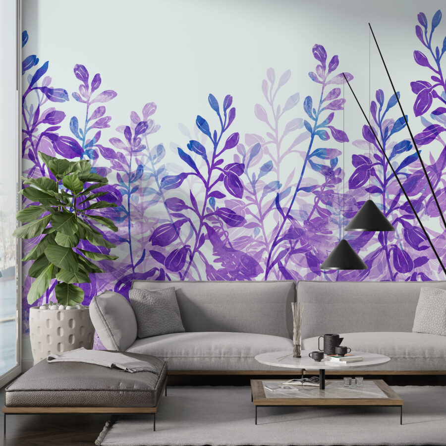 Fototapete mit Wildpflanzen in kräftigen Farbtönen auf hellem Hintergrund Violet Plants - Hauptproduktbild