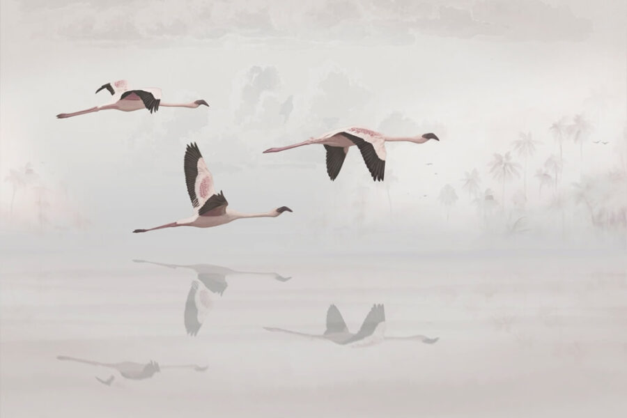 Fototapete im asiatischen Stil ideal für moderne Wohnzimmer Flamingos im Flug - Bild Nummer 2