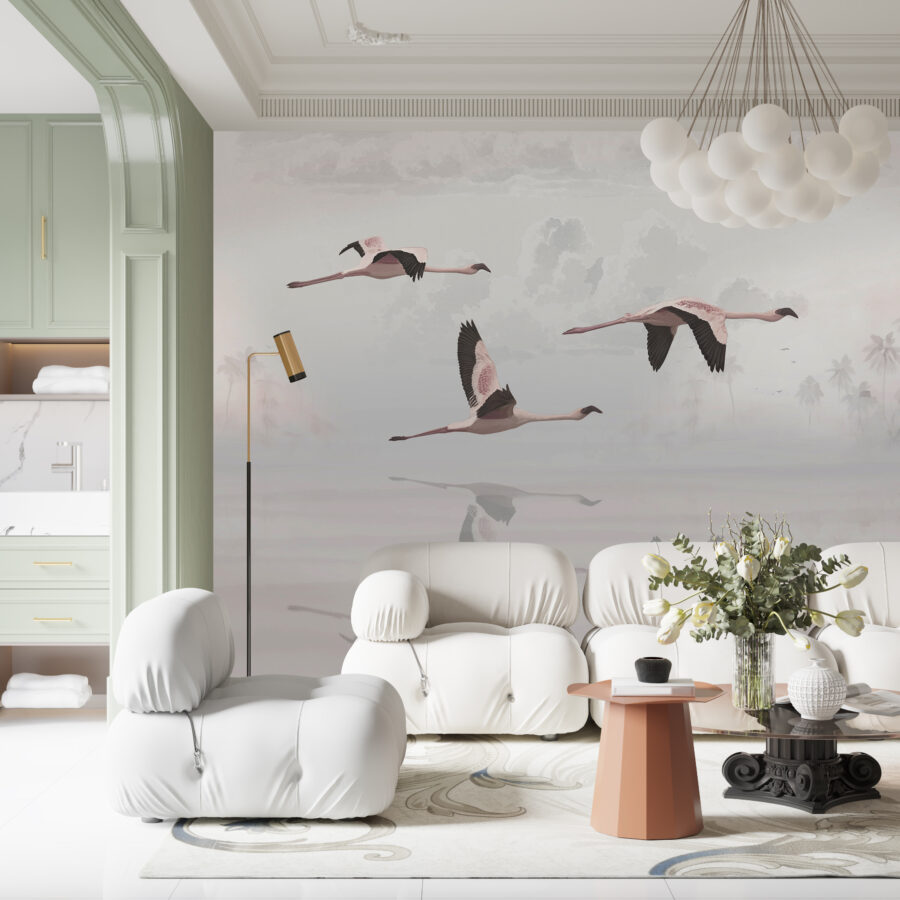 Fototapete im asiatischen Stil ideal für moderne Wohnzimmer Flamingos im Flug - Hauptproduktbild