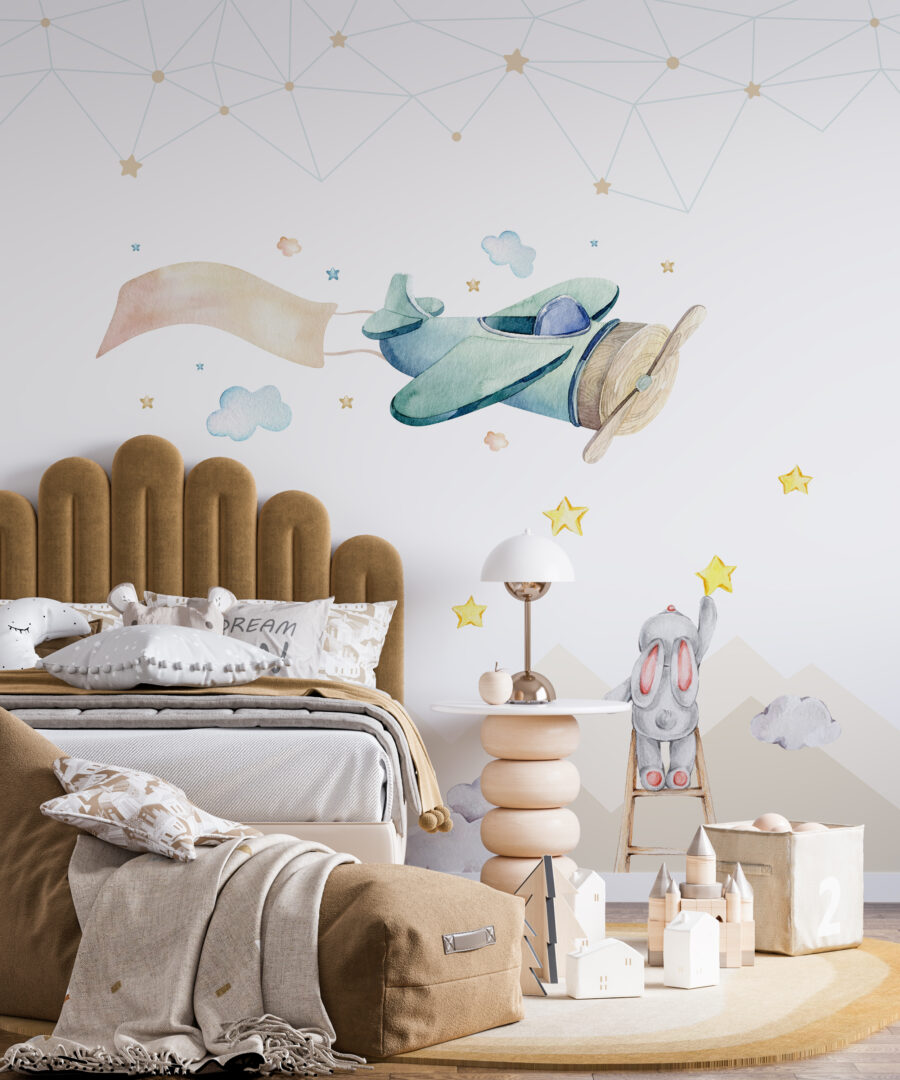 Fototapete mit Tier- und Himmelsmotiv in gedeckten, aber fröhlichen Farben, ideal für Kinderzimmer Bunnies in the Sky - Hauptproduktbild