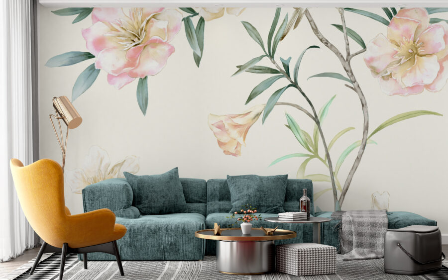 Fototapete in sanften Farben mit klassischem Motiv, ideal für jeden Raum Blumen auf hellem Hintergrund - Hauptproduktbild