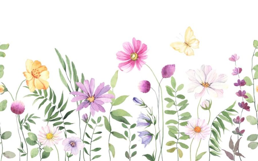 Fototapete mit zarten Wildblumen und Schmetterlingen auf einem hellen Hintergrund Blumen auf der Wiese - Bild Nummer 2