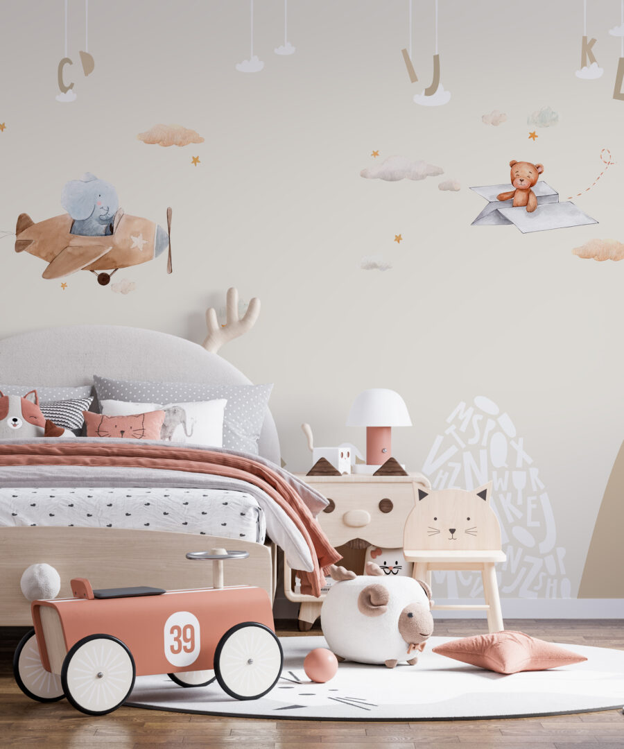 Fototapete ideal für Kinderzimmer in Pastellfarben Flying Over the Mountains - Hauptproduktbild