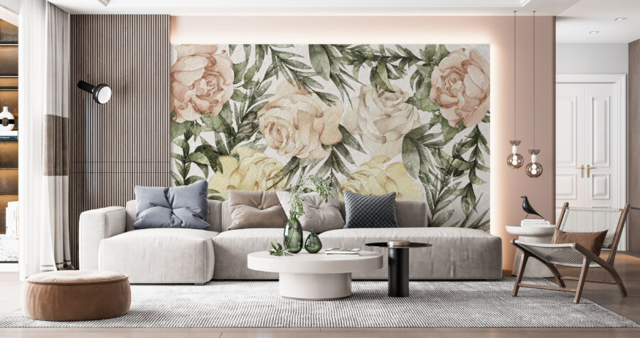 Fototapete mit buntem Blumenmotiv im Boho-Stil Painted Roses - Hauptproduktbild
