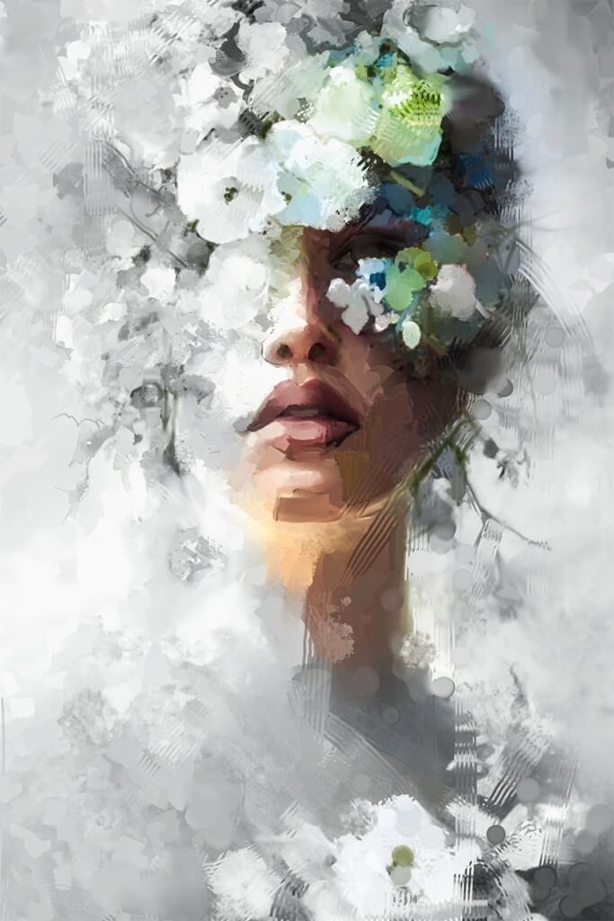 Fototapete mit dem Gesicht einer Frau, drapiert in zarten Blumen Gesicht in Blumen - Bild Nummer 2
