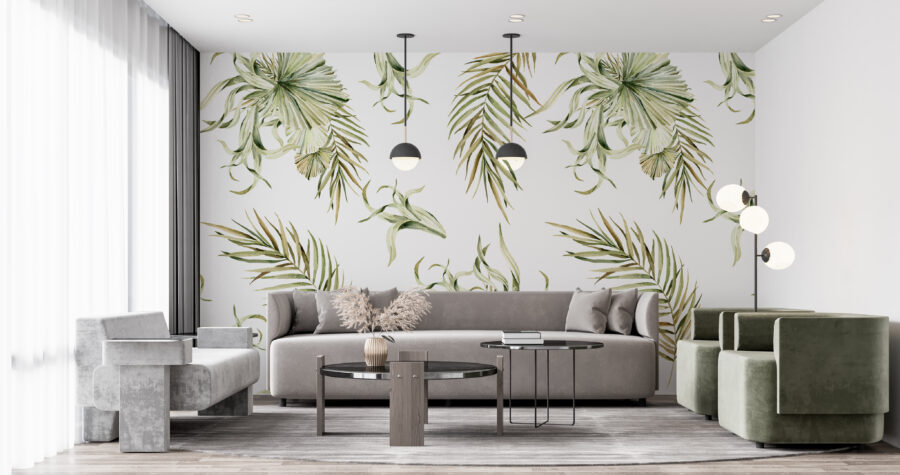Fototapete im minimalistischen Stil mit tropischem Blumenmotiv Green Palm - Hauptproduktbild