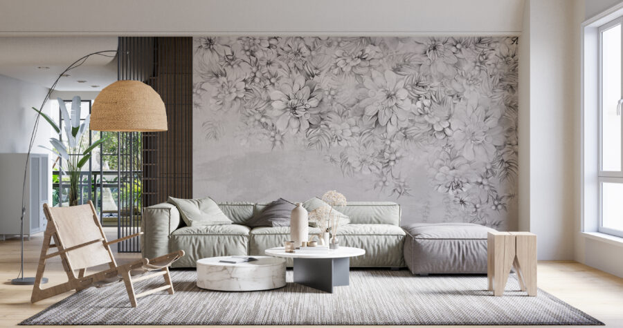 Graue Fototapete mit Blumenmotiv ideal für elegante Räume Graue Blumen - Hauptproduktbild